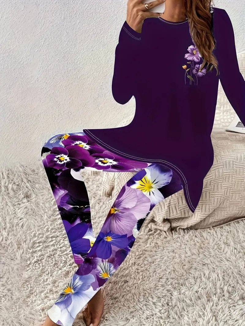 Women's Jersey Floral Daily Going Out Two Piece Set Long Sleeve Casual Spring/Fall Top With Pants Matching Set