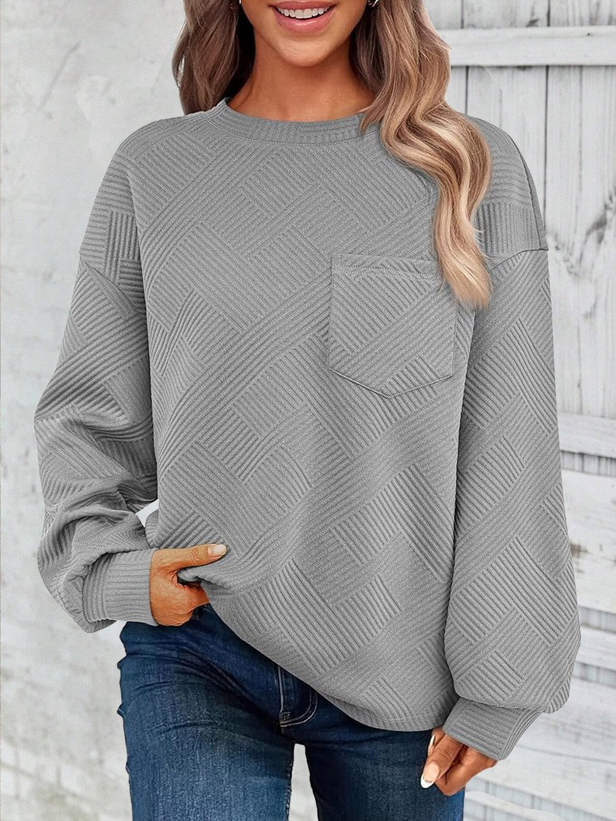 Women's Crew Neck Plain Jacquard Casual Spring/Fall Jacquard Long Sleeve Sweatshirt