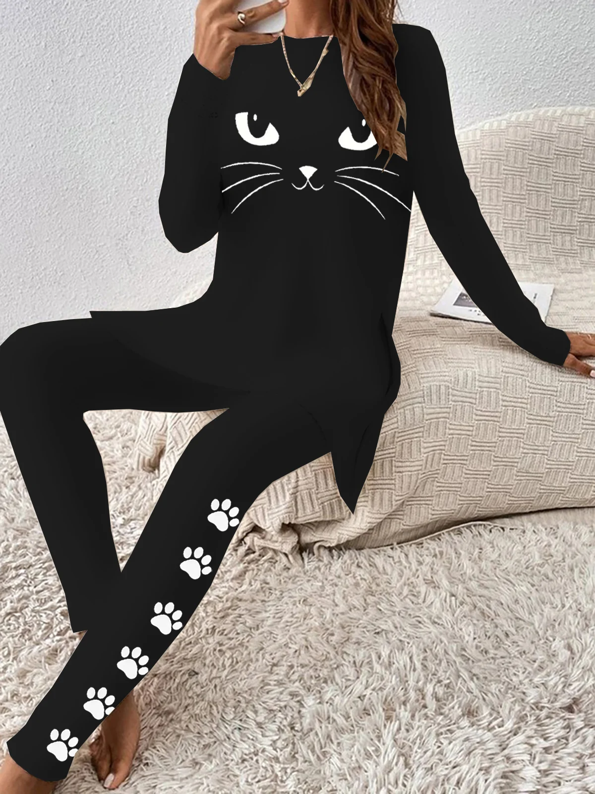 Women's Cat Daily Going Out Two Piece Set Long Sleeve Casual Spring/Fall Top With Pants Matching Set