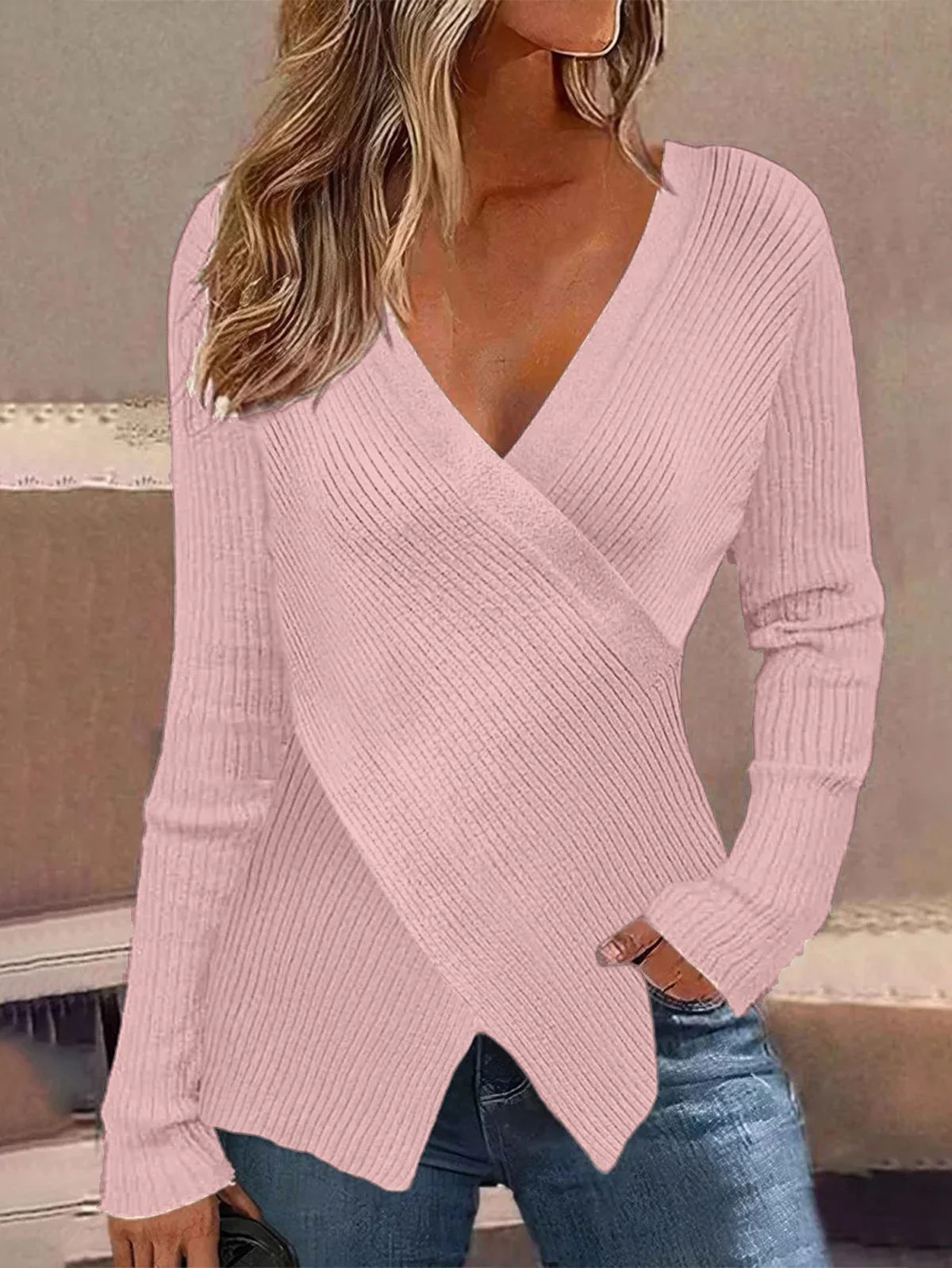 Women's Cross Spring/Fall Plain Casual Long Sleeve Cross Neck Yarn/Wool Yarn Sweater