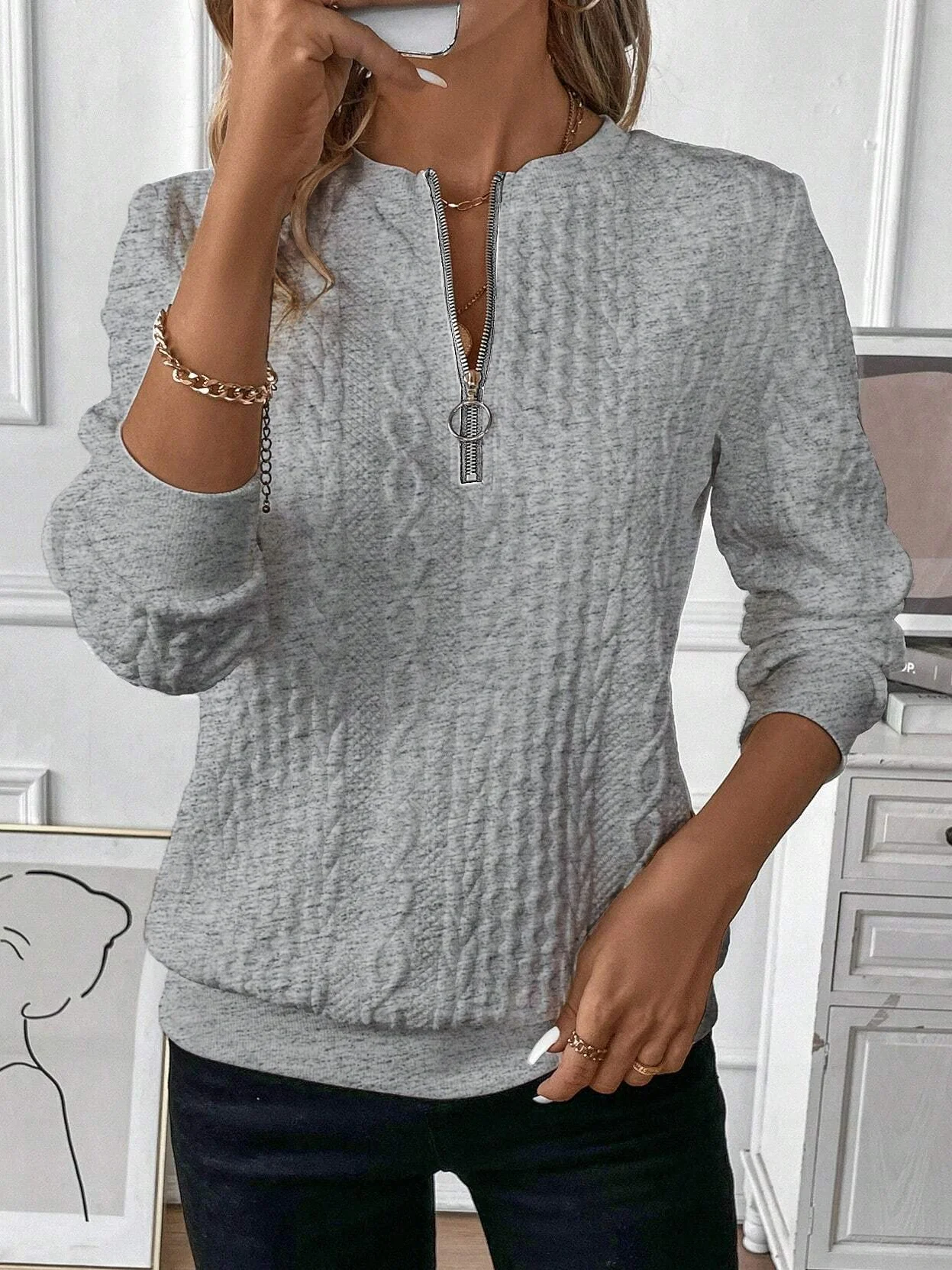 Jacquard Casual Plain Loose Sweatshirt