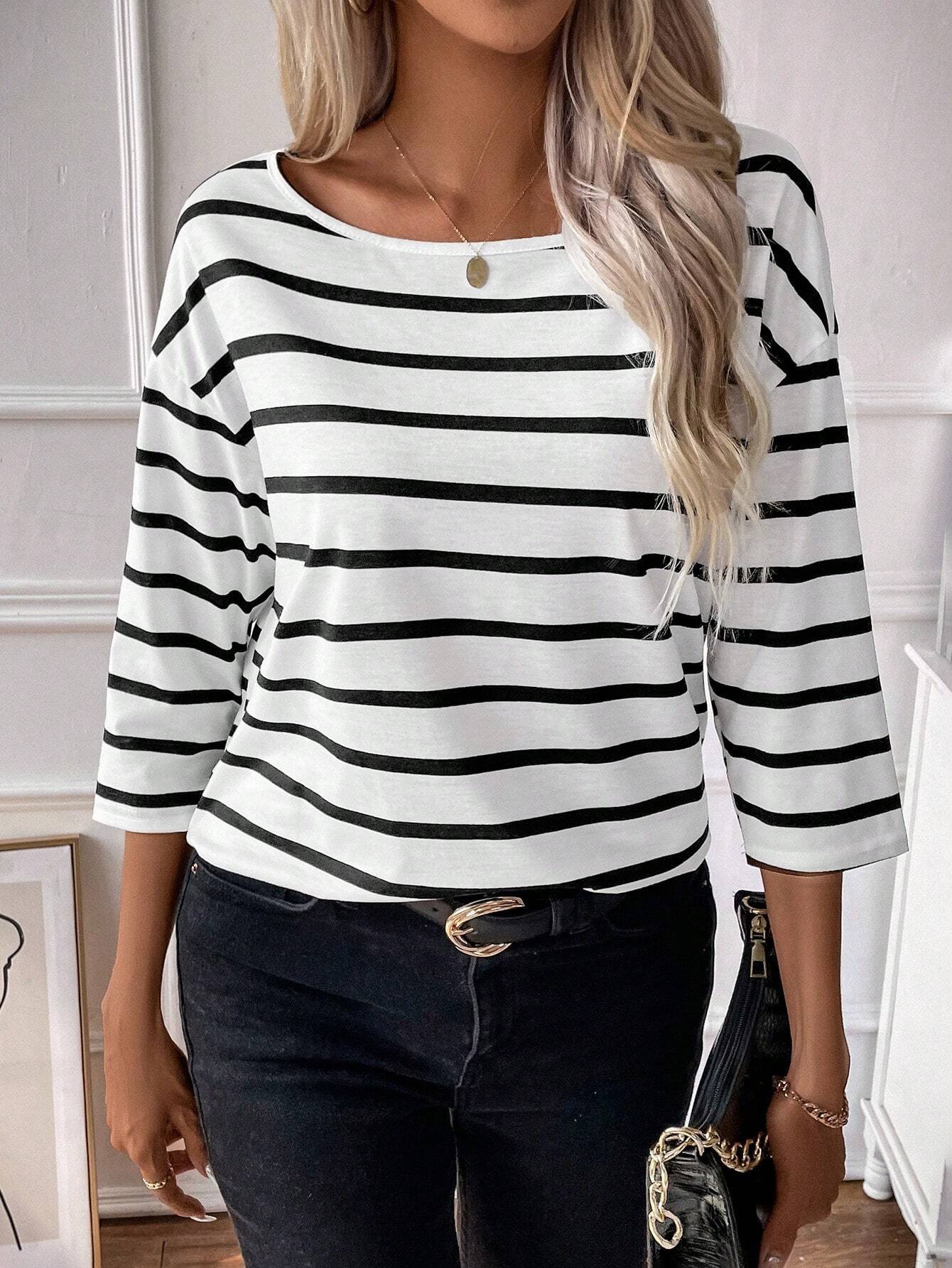 Women's Three Quarter Sleeve Tee T-shirt Spring/Fall Striped Knitted Crew Neck Daily Going Out Casual Top