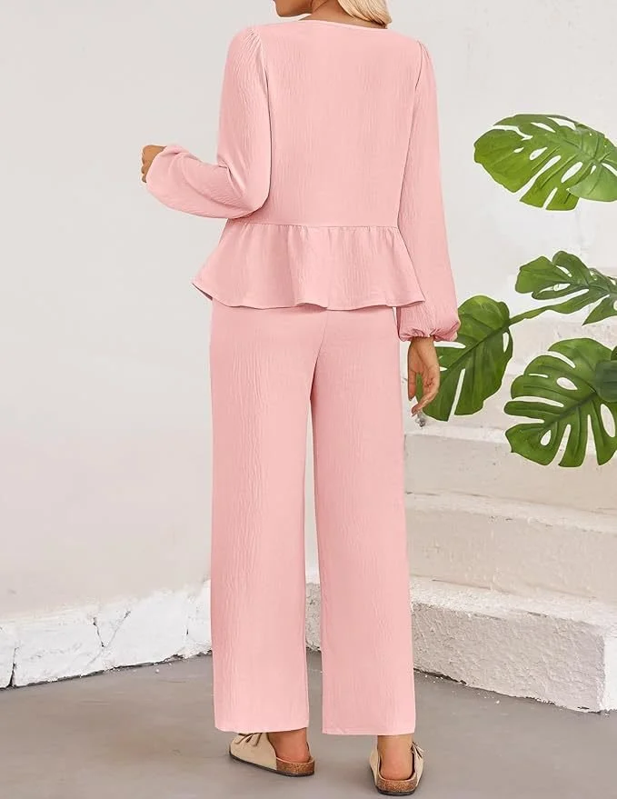 Women's Bow Plain Daily Going Out Two Piece Set Long Sleeve Casual Spring/Fall Top With Pants Matching Set