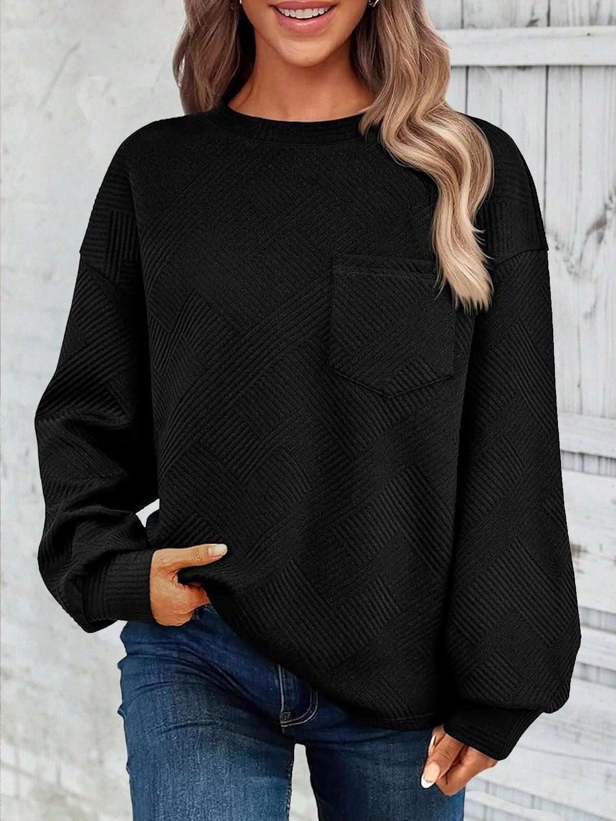 Women's Crew Neck Plain Jacquard Casual Spring/Fall Jacquard Long Sleeve Sweatshirt