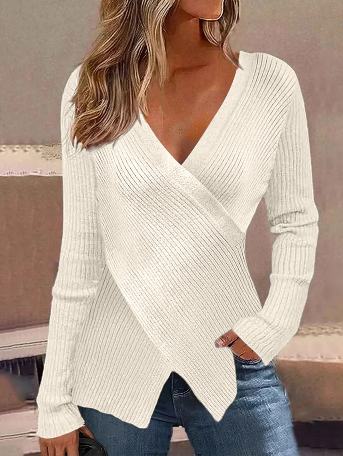 Women's Cross Spring/Fall Plain Casual Long Sleeve Cross Neck Yarn/Wool Yarn Sweater