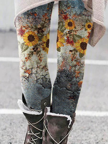 Women's Casual Daisy Jersey All Season Long Floral Leggings