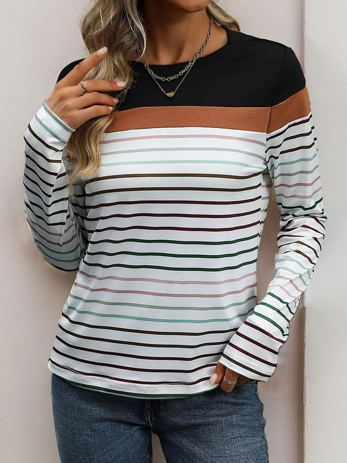 Women's Long Sleeve Tee T-shirt Spring/Fall Striped Knitted Crew Neck Daily Going Out Casual Top