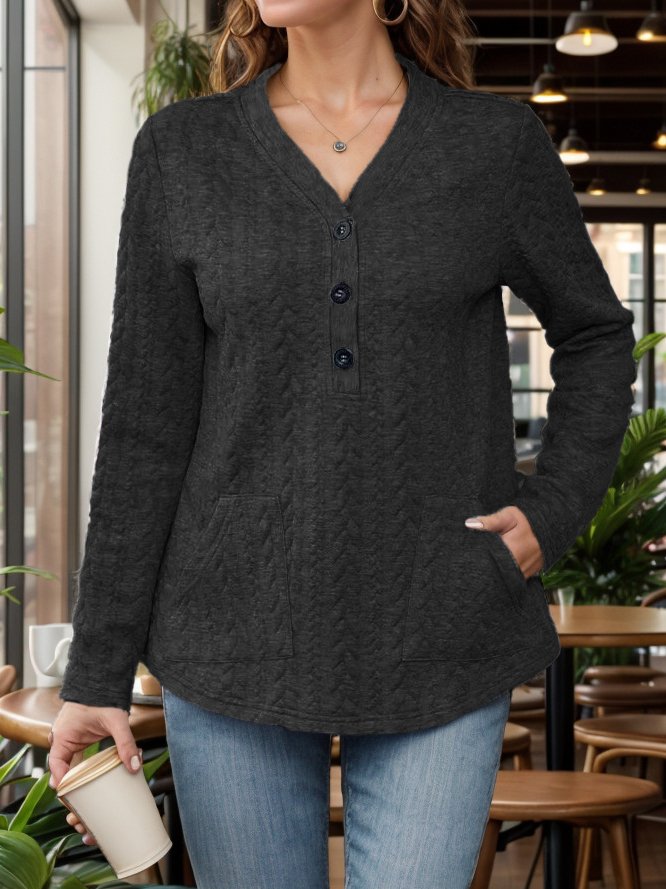 Women's V Neck Plain Casual Spring/Fall Long Sleeve Sweatshirt