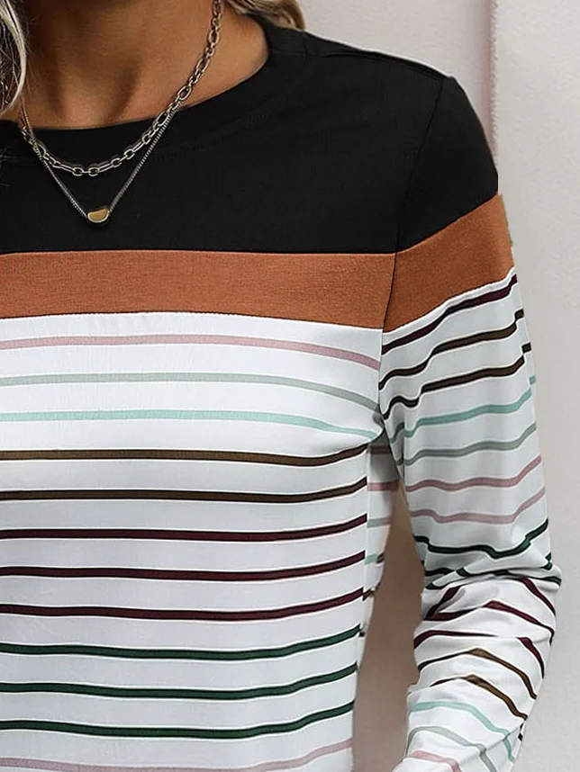 Women's Long Sleeve Tee T-shirt Spring/Fall Striped Knitted Crew Neck Daily Going Out Casual Top