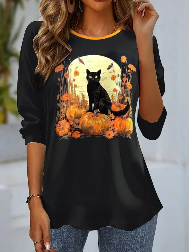 Women's Long Sleeve Tee T-shirt Spring/Fall Cat Jersey Crew Neck Daily Going Out Casual Top