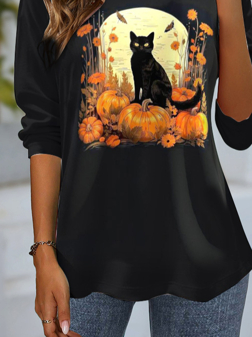 Women's Long Sleeve Tee T-shirt Spring/Fall Cat Jersey Crew Neck Daily Going Out Casual Top