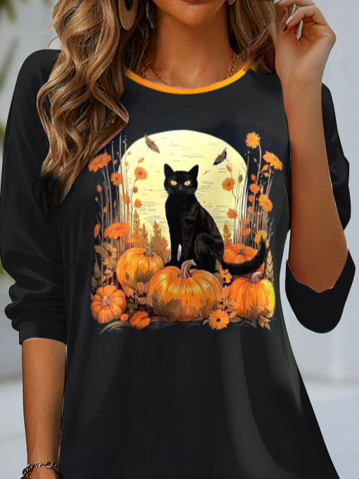 Women's Long Sleeve Tee T-shirt Spring/Fall Cat Jersey Crew Neck Daily Going Out Casual Top