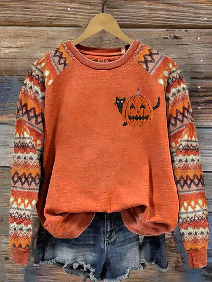 Women's Crew Neck Halloween (pumpkin) Printing Vintage Spring/Fall Long Sleeve Sweatshirt