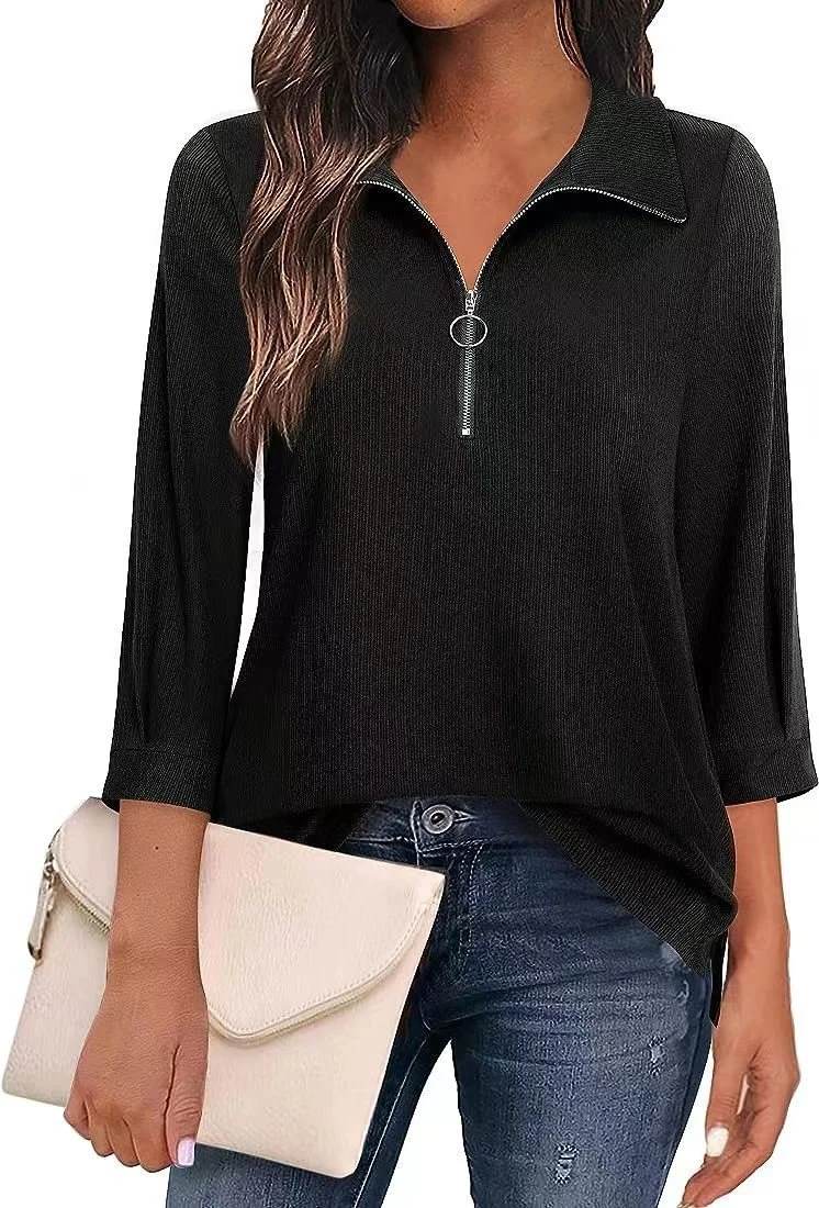 Women's Three Quarter Sleeve Blouse Spring/Fall Plain Zipper Shirt Collar Daily Going Out Casual Top