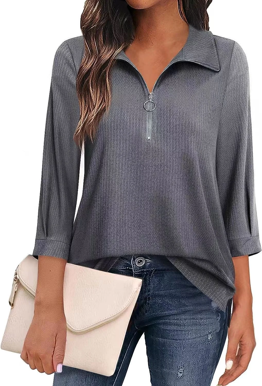 Women's Three Quarter Sleeve Blouse Spring/Fall Plain Zipper Shirt Collar Daily Going Out Casual Top