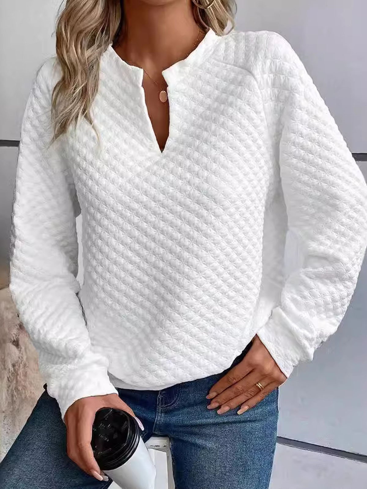 Women's Notched Plain Casual Spring/Fall Jacquard Long Sleeve Sweatshirt