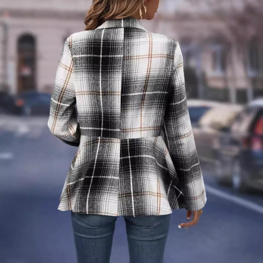 Women's Spring/Fall Outerwear Casual Buckle Plaid Long Sleeve Shirt Collar Jacket