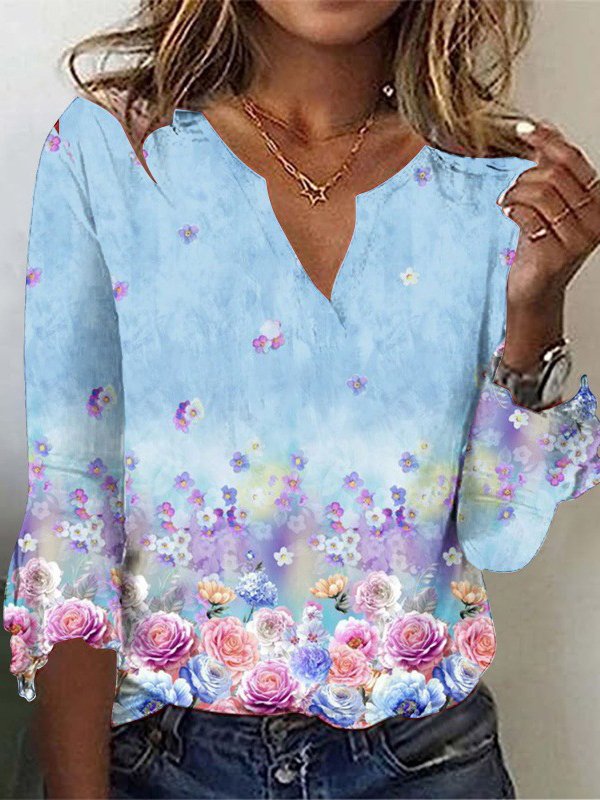 Women's Three Quarter Sleeve Tee T-shirt Spring/Fall Floral Notched Daily Going Out Casual Top