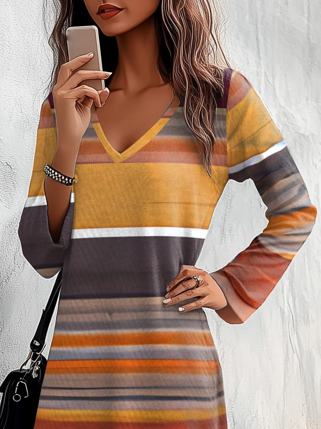 Women's Long Sleeve Summer Striped Jersey Dress V Neck Daily Going Out Casual Midi A-Line TUNIC