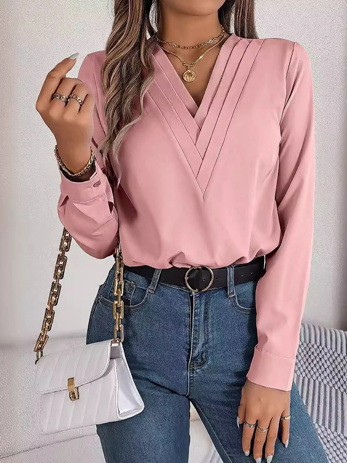 Women's Long Sleeve Blouse Spring/Fall Plain V Neck Daily Going Out Casual Top