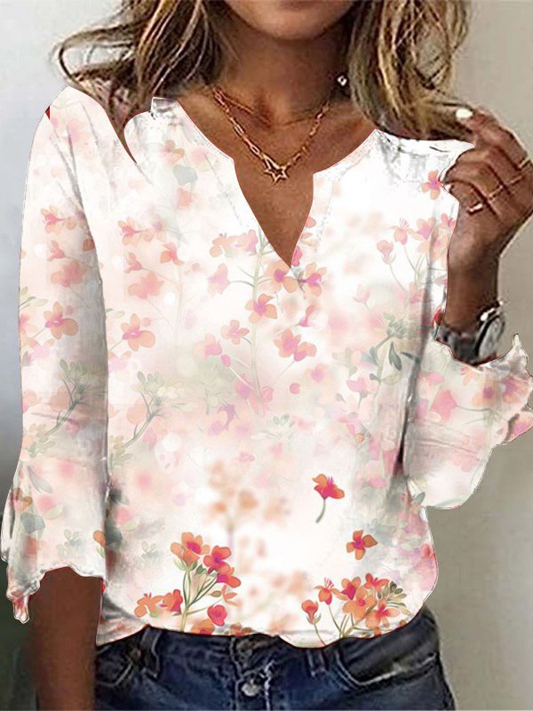 Women's Three Quarter Sleeve Tee T-shirt Spring/Fall Floral Notched Daily Going Out Casual Top