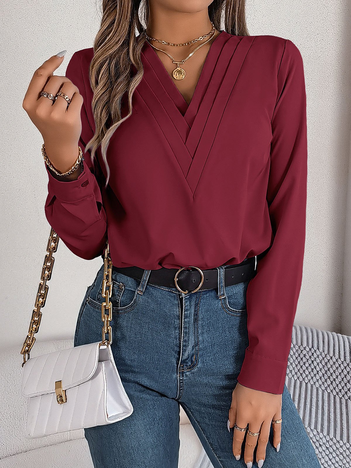 Women's Long Sleeve Blouse Spring/Fall Plain V Neck Daily Going Out Casual Top