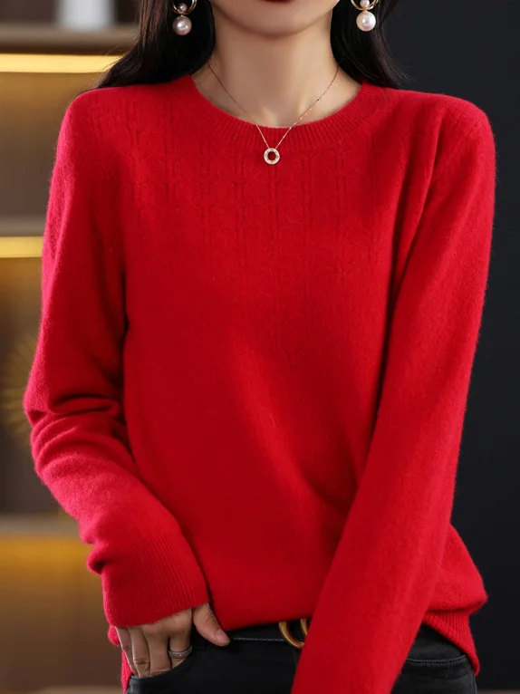 Women's Spring/Fall Plain Casual Long Sleeve Crew Neck Yarn/Wool Yarn Sweater