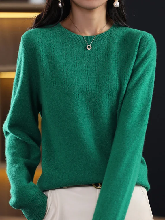 Women's Spring/Fall Plain Casual Long Sleeve Crew Neck Yarn/Wool Yarn Sweater