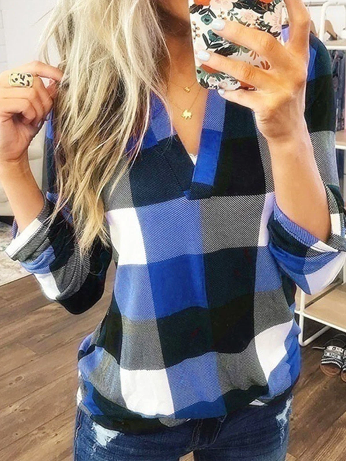 Women's Long Sleeve Blouse Spring/Fall Plaid V Neck Daily Going Out Casual Top