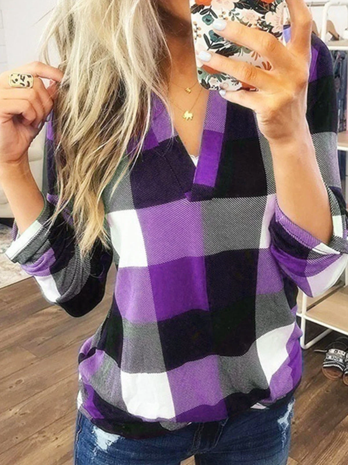 Women's Long Sleeve Blouse Spring/Fall Plaid V Neck Daily Going Out Casual Top