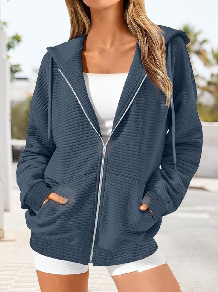 Women's Spring/Fall Outerwear Casual Zipper Plain Long Sleeve Hoodie Jacket