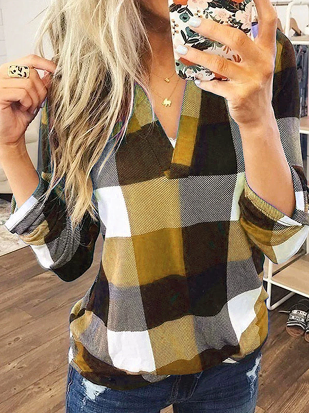 Women's Long Sleeve Blouse Spring/Fall Plaid V Neck Daily Going Out Casual Top