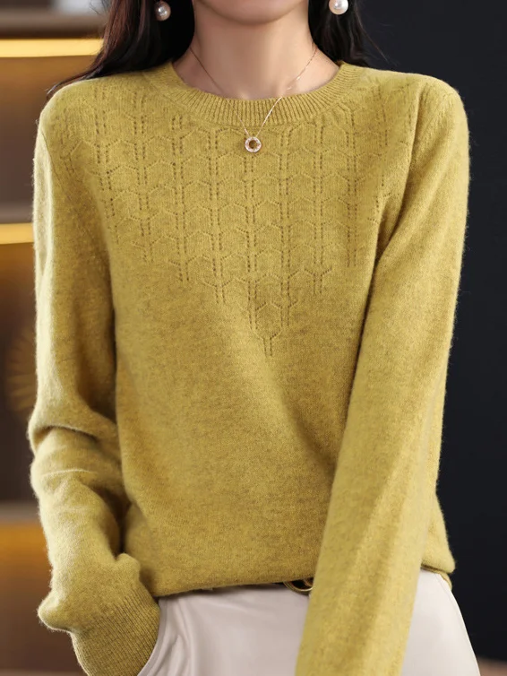 Women's Spring/Fall Plain Casual Long Sleeve Crew Neck Yarn/Wool Yarn Sweater