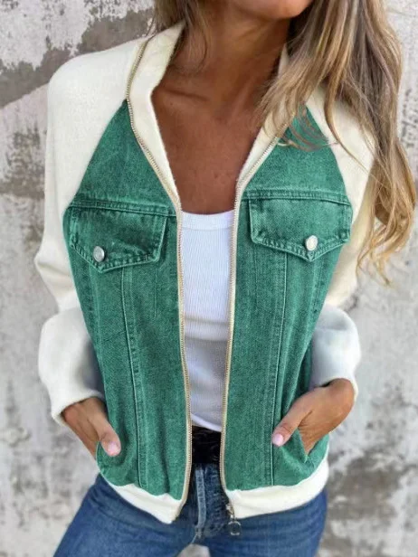 Women's Spring/Fall Outerwear Casual Denim Zipper Contrast Stitching Long Sleeve Shawl Collar Jacket