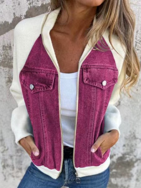 Women's Spring/Fall Outerwear Casual Denim Zipper Contrast Stitching Long Sleeve Shawl Collar Jacket