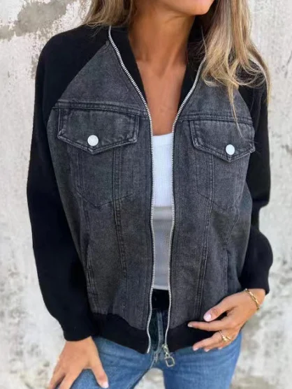 Women's Spring/Fall Outerwear Casual Denim Zipper Contrast Stitching Long Sleeve Shawl Collar Jacket