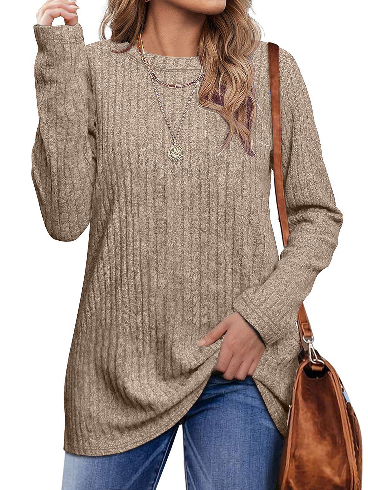 Women's Long Sleeve Blouse Spring/Fall Plain Knitted Crew Neck Daily Going Out Casual Top