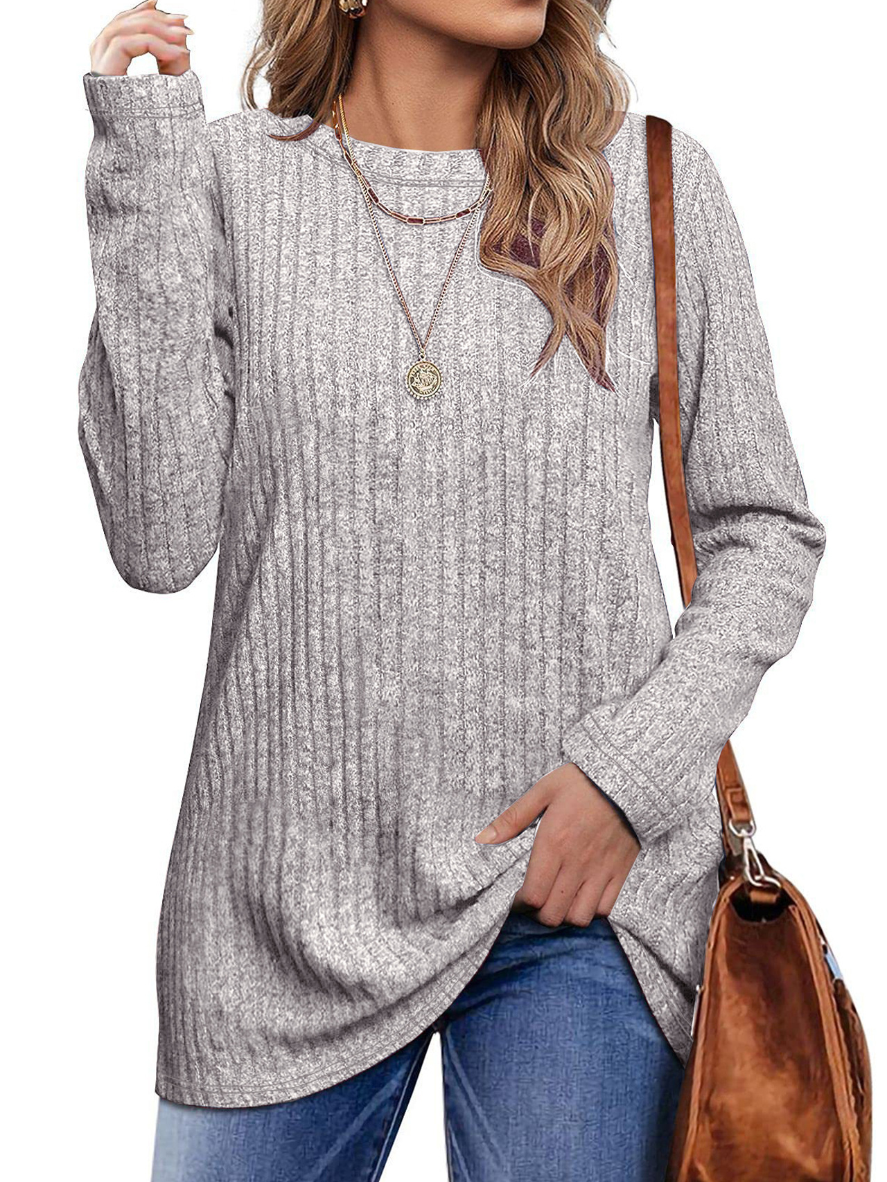 Women's Long Sleeve Blouse Spring/Fall Plain Knitted Crew Neck Daily Going Out Casual Top