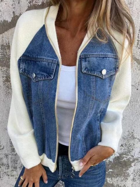 Women's Spring/Fall Outerwear Casual Denim Zipper Contrast Stitching Long Sleeve Shawl Collar Jacket