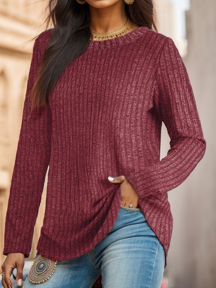 Women's Long Sleeve Blouse Spring/Fall Plain Knitted Crew Neck Daily Going Out Casual Top