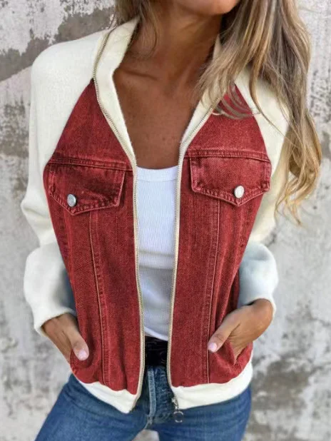 Women's Spring/Fall Outerwear Casual Denim Zipper Contrast Stitching Long Sleeve Shawl Collar Jacket