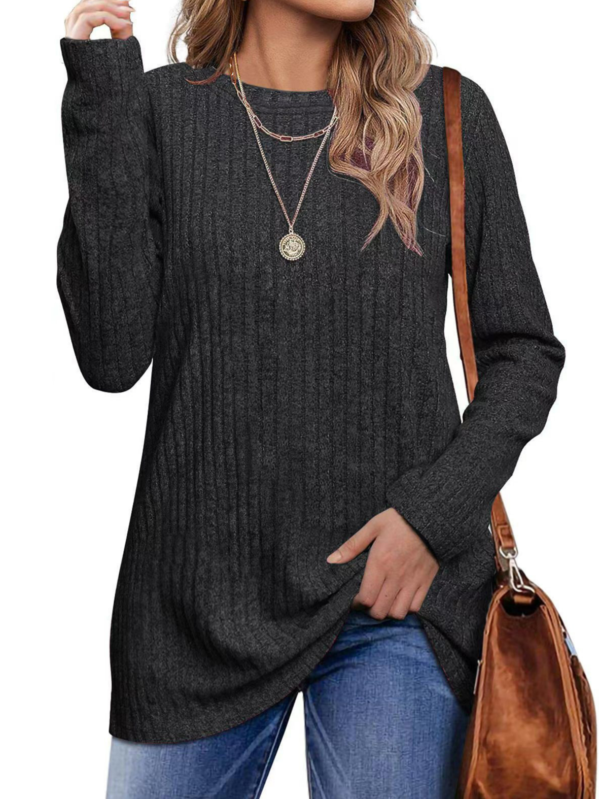 Women's Long Sleeve Blouse Spring/Fall Plain Knitted Crew Neck Daily Going Out Casual Top