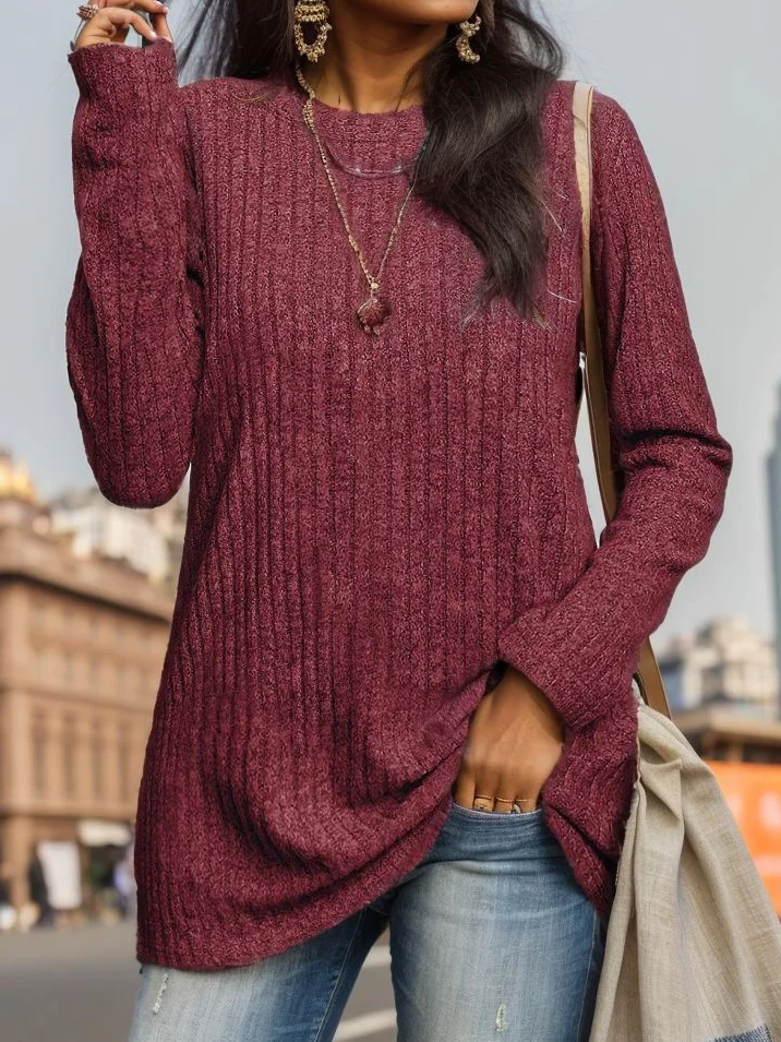 Women's Long Sleeve Blouse Spring/Fall Plain Knitted Crew Neck Daily Going Out Casual Top