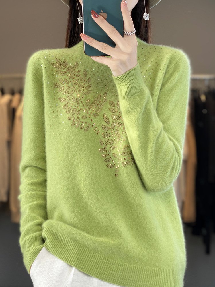 Women's Hot Drilling Spring/Fall Plain Casual Long Sleeve Crew Neck Wool/Knitting Sweater