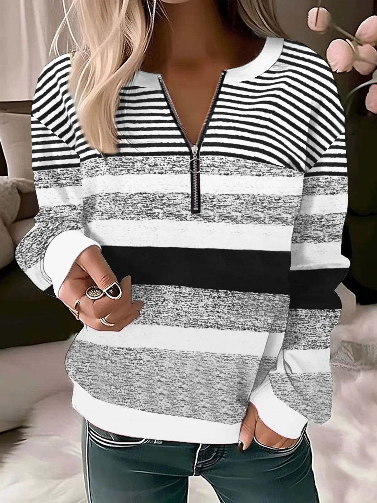 Women's Crew Neck Striped Zipper Casual Spring/Fall Long Sleeve Sweatshirt