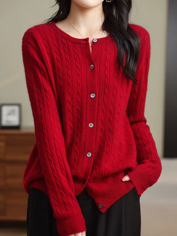 Women's Casual Spring/Fall Plain Wool/Knitting Buckle Cardigan