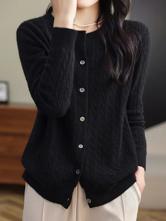 Women's Casual Spring/Fall Plain Wool/Knitting Buckle Cardigan