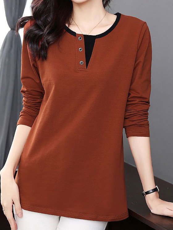 Women's Long Sleeve Tee T-shirt Spring/Fall Plain Buckle Knitted Crew Neck Daily Going Out Casual Top