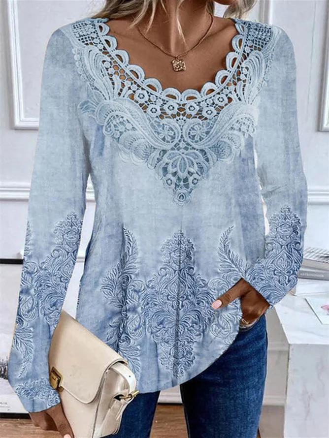 Women's Long Sleeve Blouse Spring/Fall Floral Lace Jersey Daily Going Out Casual Top