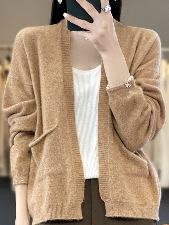 Women's Casual Spring/Fall Plain Wool/Knitting Pocket Stitching Cardigan